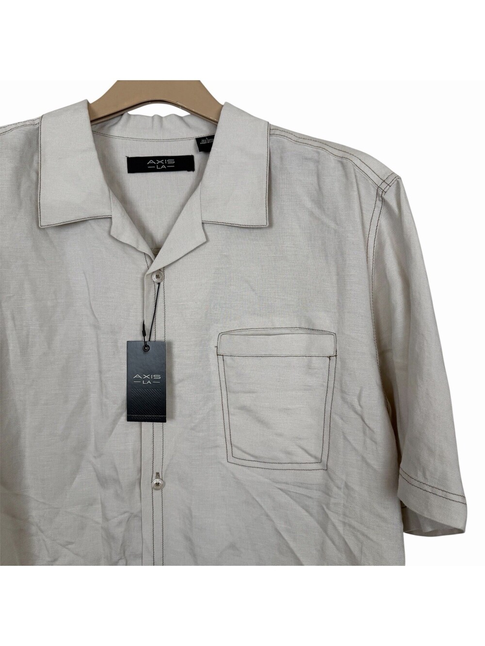 AXIS LA Men’s Large Linen Blend Button Up Shirt Pumice Stone Beige NWT Camp‎